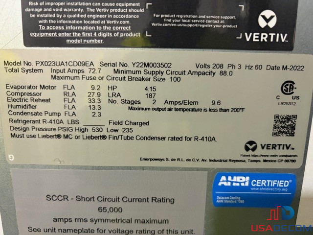 2022 Liebert PX023UA PDX Cooling System with Condenser - USA Decom